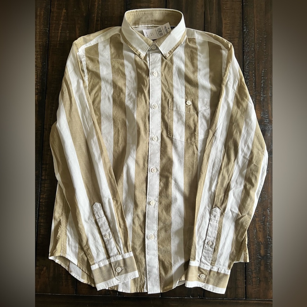 Todd Snyder Beige and White Striped Button Down Shirt